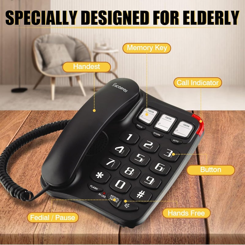 Excelltel Landline Phones for Seniors, Corded Big Button Phone with Photo Speed Dial, Volume Control, Speakerphone, Flash Alert, Easy-to-Use Desk Telephone for Elderly and Home Use (EX-LD-230-BL) - Image 2